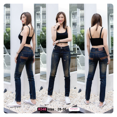 [Denim Jeans] กางเกงยีนส์เดนิม ยีนส์เท่ๆมีสไตน์ Tim Money R348-R348/1 แต่งสกิดขาดแถบคาดกระเป๋า กางเกงยีนส์เดฟ(เป้าซิป) กางเกงยีนส์ผู้หญิง กางเกงขายาว