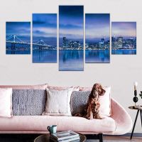 Lizhanmin 5ชิ้นผ้าใบ Wall Art Night View San Francisco Skyline และ Bay Bridge ภาพพิมพ์บนผ้าใบ-Modern Wall Decor City Artwork