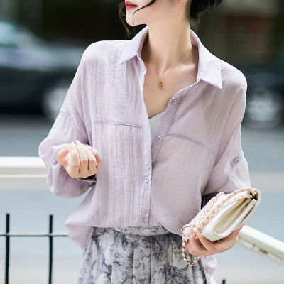 REHIN เสื้อเบลาส์ผู้หญิงหรูหราน้ำหนักเบาสไตล์ญี่ปุ่น,เสื้อทรงหลวมระบายอากาศแขนไหมแบบยาวเรียบง่ายลำลองฤดูร้อนหรูหรา
