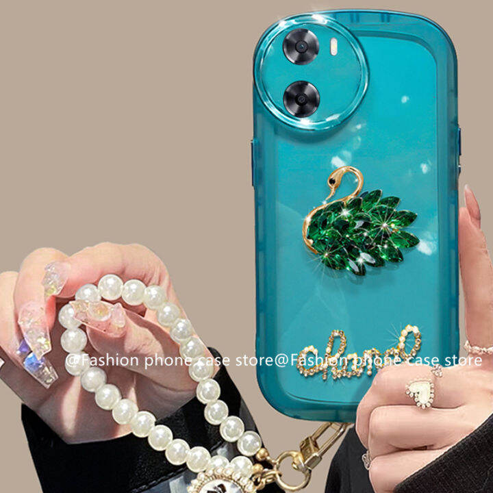 เคส-oppo-a57-a77-a76-a96-a95-a16-a16k-a16e-4g-5g-case-หรูหรา-rhinestone-swan-pearl-lanyard-ปลอกเลนส์สีใสนุ่ม2022