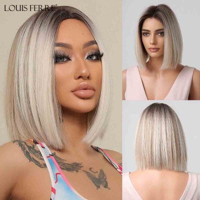 【jw】✧  LOUIS FERRE Short Blonde Bob Synthetic Wigs With Dark Root Shoulder Length Straight Wig Mixed Hair Temperature