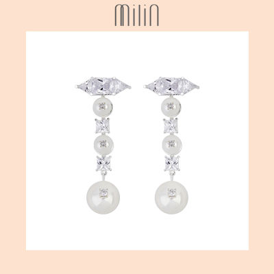 [MILIN] Diamond studs silver chain drop ต่างหูห้อยมุกประดับเพชร / Patricia Earrings