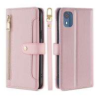 สำหรับ Nokia C02 TA-1522 Lite เคสโทรศัพท์หนังกระเป๋าสตางค์แบบมีซิปพื้นผิวแกะ Cross-Body (สีดำ)