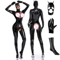 Sexy Hot Cat Woman Wetlook Faux Leather Catsuit PVC Latex Bodysuit Crotchless Clubwear Back Zipper Open Crotch Stretch Jumpsuits