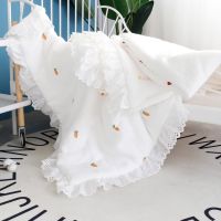 ♨☊ Winter Thick Embroidery White Muslin Cotton Blanket With Lace Baby Swaddle Baby Comforter Princess Baby Receiving Blanket