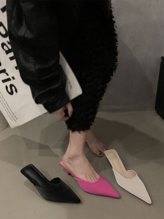 รองเท้ารองเท้าส้นสูงหัวแหลมนุ่มยามเย็น-baotou-สไตล์ฝรั่งเศสครึ่งเทรลเลอร์พร้อมกระโปรงส้นเรียวรองเท้าผู้หญิง2023ฤดูใบไม้ผลิ