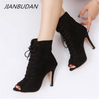 ☢ JIANBUDAN/Open Toe High heel women 39;s summer boots Roman style autumn ankle boots Lace-Up Suede fashion high heel boots 34-43