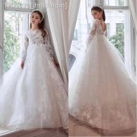 ☫△ jfmkfmdm Vestido branco de manga comprida vestido princesa apliques elegantes primeira comunhão vestidos festa 2023