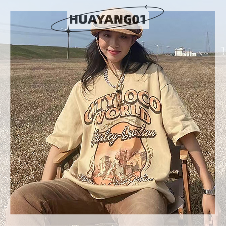 huayang01เสื้อยืดเสื้อผู้หญิงคอกลมแขนสั้นพิมพ์ลายย้อนยุค-เสื้อยืดแบบหลวมลำลอง2023แฟชั่นหน้าร้อน