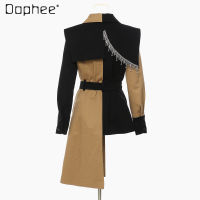 Coat Women Spring 2022 New Woman Bling Tassel Rhinestone Midi Jackets Personality Stitching Irregular Contrast Color Trench