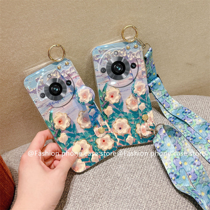 ปลอกอ่อน-realme11-pro-phone-case-เคส-realme-11-pro-plus-5g-เคสโทรศัพท์ภาพดอกไม้พิมพ์ลายน้ำมัน-rhinestone-บลูเรย์วินเทจพร้อมสายคล้องข้อมือ2023