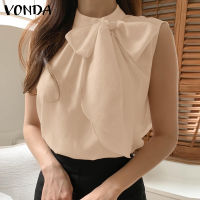 VONDA เสื้อคอตั้งแบบดูสง่าผู้หญิงเสื้อกล้ามจีบแขนกุดที่ทำงาน (ดอกไม้เกาหลี)