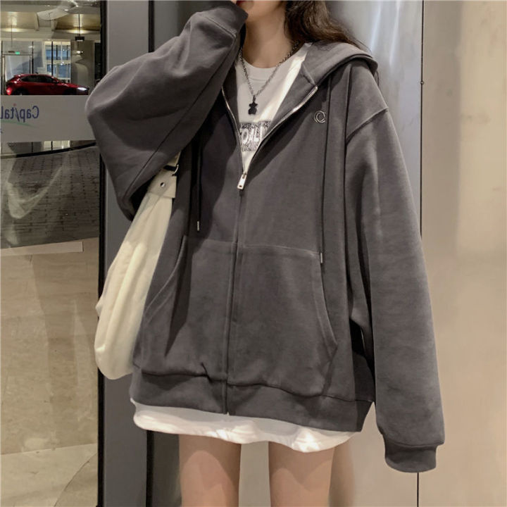 ผู้หญิงสไตล์เกาหลี-hoodies-zip-up-harajuku-ขนาดใหญ่กระเป๋า-hooded-sweatshirts-ฤดูใบไม้ร่วงแขนยาวหลวมเบสบอล-jacket