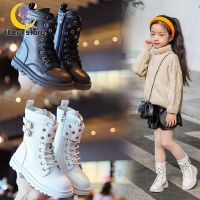 TH Girls Martin Boots เด็กฤดูใบไม้ผลิและฤดูใบไม้ร่วงรองเท้าสั้นเกาหลีเด็กกลางและใหญ่สไตล์อังกฤษรองเท้าสีดำ