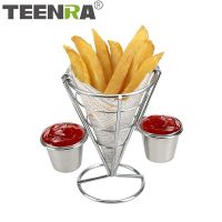 TEENRA Stainless Steel French Fry Stand Cone Double Sauce French Fry Holder Snacks Display Stand Fries Baskets Buffet