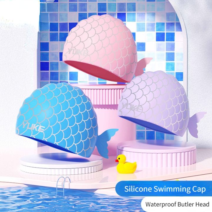 หมวกว่ายน้ำหมวกน้ำซิลิโคนการ์ตูนสำหรับเด็ก-หัวพ่อบ้านกันน้ำฝึกน่ารักมืออาชีพอุปกรณ์เสริมสำหรับสระว่ายน้ำ