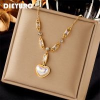 DIEYURO 316L Stainless Steel Large Heart Dazzling Pearl Pendant Necklace For Women New Girls Square Zircon Chain Jewelry Gifts