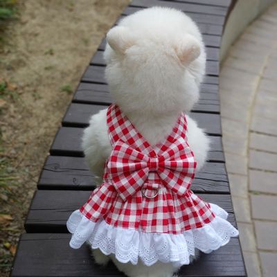 Lace Plaid Dress Dogs Clothing Pet Sweet for Dog Clothes Small Costume French Bulldog Cute Summer Red Girl Collar Perro Dresses