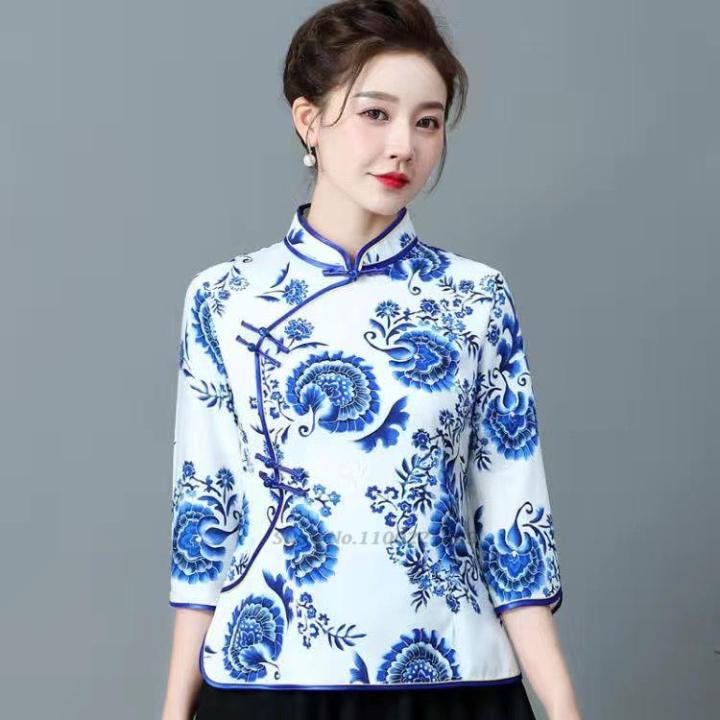 เสื้อสไตล์จีนโบราณลายดอก-เสื้อเชิ้ตชุดกี่เพ้าวินเทจประจำชาติเสื้อจีนชุดจีนตะวันออก