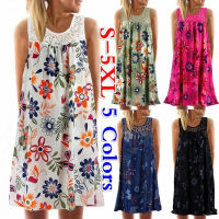 Fashion model shop Women Loose Casual Sleeveless Round Neck Printed Lace Summer Dress Sleeveless Dress