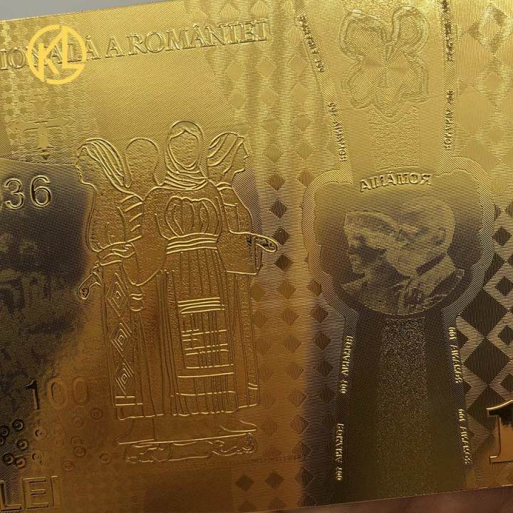 คุ้มค่ากับ-kl-ธนบัตรทองเต็ม1ชิ้นธนบัตรโรมาเนีย100สกุลเงินของที่ระลึก100th-lei-สำหรับวันครบรอบการรวมกันของโรมาเนีย