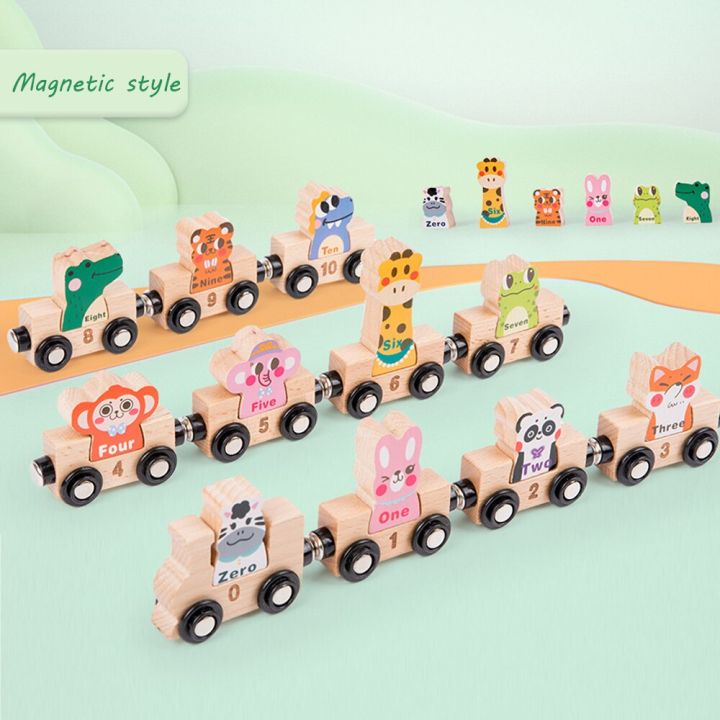 Children Wooden Toys Magnetic Animal Digital Via Train Set Dinosaur Number Cognition Cars For Baby Age 3+ Years Montessori Toy
