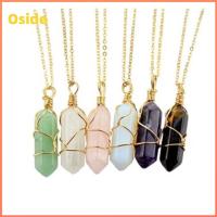 OSIDE เครื่องประดับแฟชั่น อเมทิสต์ ทรายสีฟ้า หินธรรมชาติ จี้หินพันลวด โรสควอตซ์ สร้อยคอคริสตัลทรงกระบอกหกเหลี่ยม