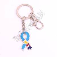 【YF】 New Arrival Drop shipping Autism Awareness Necklace Pendants With Holes Puzzle Piece Jigsaw Ribbon Charm Lobster clasp Key Chain