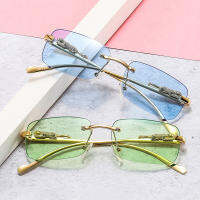 (ร้อน) SO &amp; EI แฟชั่น Rimless สี่เหลี่ยมผืนผ้าแว่นตากันแดดผู้หญิง R Cheetah ตกแต่ง Clear Ocean เลนส์แว่นตาผู้ชายแว่นตากันแดด Shades UV400