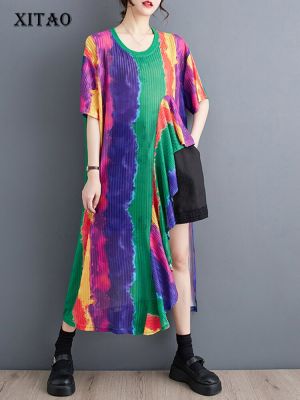 XITAO Asymmetrical Flounced Edge Dress Contrast Color Pullover Loose Fashion Women