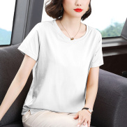 Áo thun cotton nguyên chất áo thanh lịch nữ mùa hè ngắn tay dáng rộng mùa