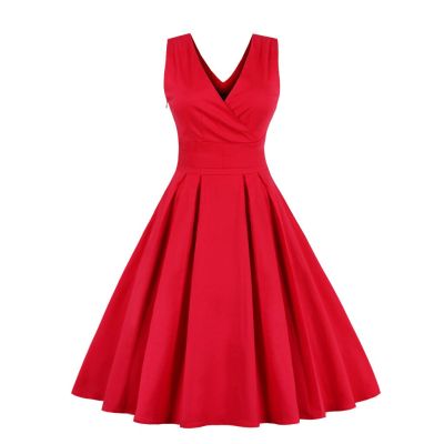 HOT11★Women Vintage V-Neck Dress Retro Rockabilly 2022 Pleated Dress tail Party 1950s 40s Swing Dress Summer Dress Sleeveless