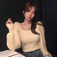 Sweet Pullovers Puff Long Sleeve Square Neck Knitted Sweater Jumpers Japan Gentle Solid Tops Fashion Shirts Sexy Pull Femme