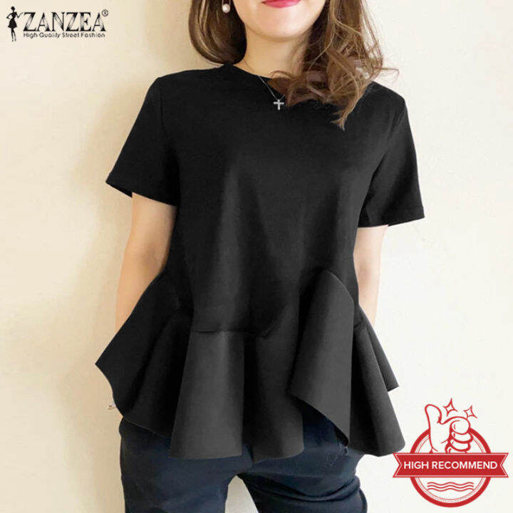 Zanzea Korean Style Women Summer Short Sleeve Plain Casual Top Irregular Ruffle Hem Blouse