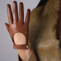 Touchscreen Genuine Leather Woman Gloves Pure Sheepskin Locomotive Exposing The Back Of The Hand Short Style Nylon Lined TB94-2