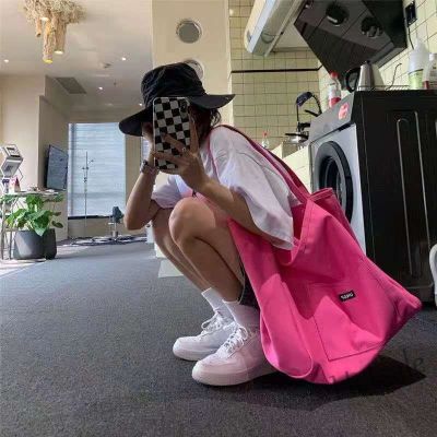 【hot sale】┇㍿✌ C16 INS Hot Pink Simple Shoulder Bag Trendy Large-Capacity Korean Canvas Bag Student Tote Bag