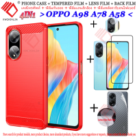 4 In 1เคสโทรศัพท์ OPPO A98 A78 A58 5G เคสโทรศัพท์กระจกนิรภัย OPPO A 98 A 78เคสโทรศัพท์ซิลิโคนนิ่ม58 + ฟิล์มป้องกันกระจกนิรภัยแบบเต็มจอภาพ + ฟิล์มป้องกันเลนส์กล้องถ่ายรูป + ฟิล์มหลังคาร์บอนไฟเบอร์