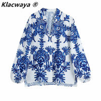 Klacwaya Women 2021 Vintage Blue Totem Floral Print Smock Blouse Office Ladies Business Casual Shirt Chic Loose Blusas Tops