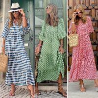 ❆┋ Women Bohemia Geometric Printed V-neck Puff Sleeve Maxi Beach Dress