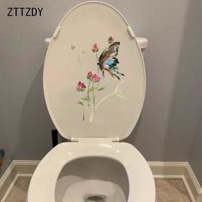ZTTZDY 16*24.5CM Butterfly And Flower Ink Painting Wall Sticker Toilet Seat Decal Home Decor T2-0462