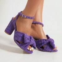 Solid Purple Green Terry Towel Knitted Fabric Open Toe Sweet Lady Summer Shoes Block High Heels Women Sandals Big Size 46 47 48