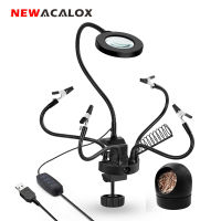 NEWACALOX LED 3X Magnifier Bench Vise Table Clamp Soldering Helping Hand Soldering Station USB 5pc Flexible Arms Third Hand Tool