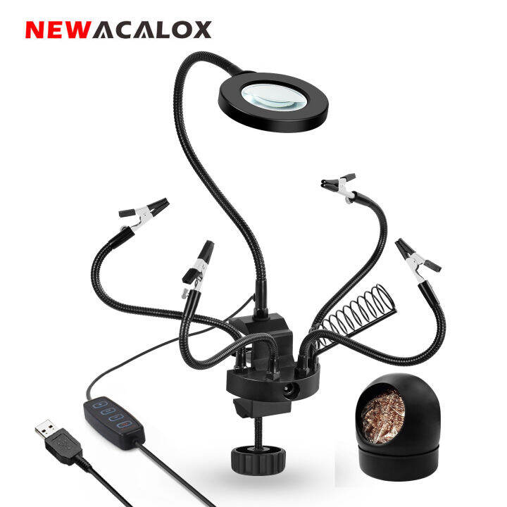 newacalox-led-3x-magnifier-bench-vise-table-clamp-soldering-helping-hand-soldering-station-usb-5pc-flexible-arms-third-hand-tool