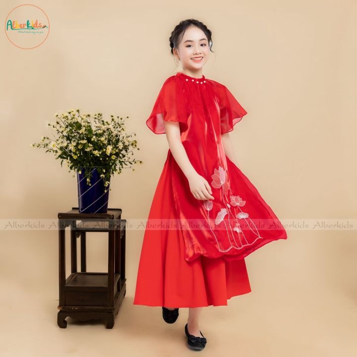 Áo dài tết cách tân màu đỏ họa tiết cho bé gái bé trai Econice AD0 Size váy  trẻ em 3 4 5 6 7 8 9 11 12 tuổi  Lazadavn