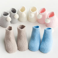 【cw】 New Autumn and Winter Thickening Keep Baby Warm Socks 0-1-3 Babys Solid Color Coral Fleece Ball Newborn Socks