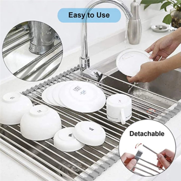 1pc Stainless Steel Roll Up Dish Drying Rack, Foldable Dish Drainer,  Multi-function Sink Rack