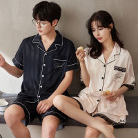 Fast Shipping Couple Pajamas Suit Ice Silk Women Summer Lapel Short -Sleeved MenS Simulation Home