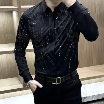 Men's Fashion Korean Glitter Sequin Long Sleeves Loose Casual Shirt top hot