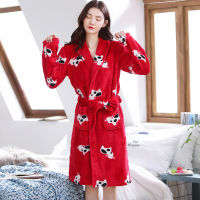 Women Long Warm Flannel Bathrobe Winter Thicken Long Sleeve Bath Robe Kimono Dressing Gown Female Autumn Cut Cow Cartoon Robe