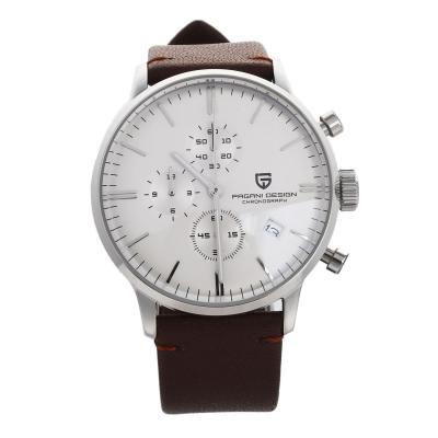 นาฬิกาควอทซ์สำหรับผู้ชายดีไซน์หรูกันน้ำ30เมตรสายหนังนาฬิกาแฟชั่นโครโนกราฟของผู้ชายนาฬิกาควอทซ์ธุรกิจ PD-2720K สีขาวเงิน